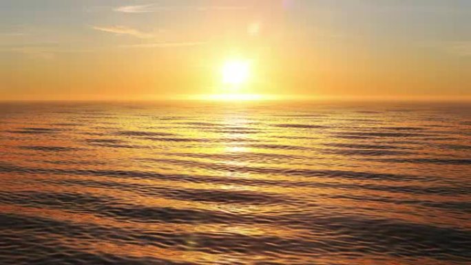 美丽的橙色日落在海洋循环3d动画。阳光闪耀着耀斑。