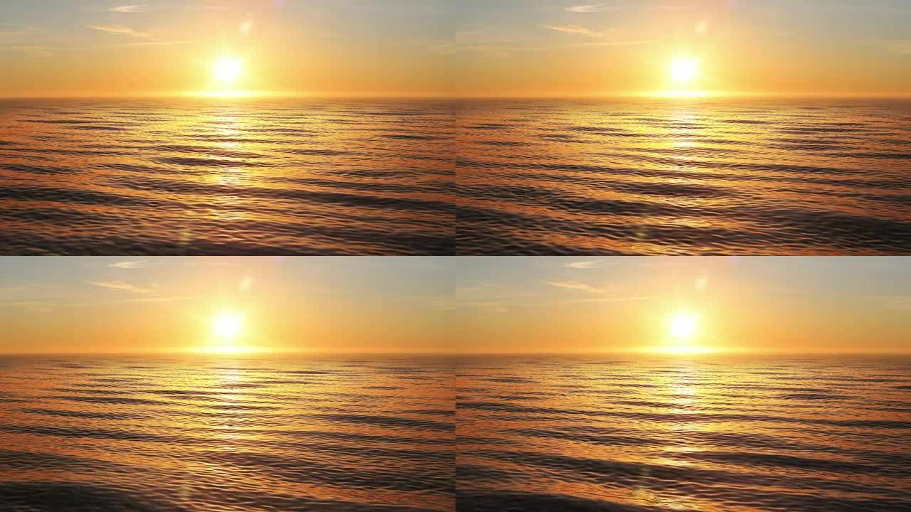 美丽的橙色日落在海洋循环3d动画。阳光闪耀着耀斑。
