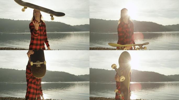 特写: 滑板手在日落时在海滩上向空中投掷滑板