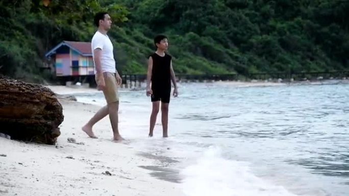 爸爸和儿子正在向大海扔石头。注意力不集中。