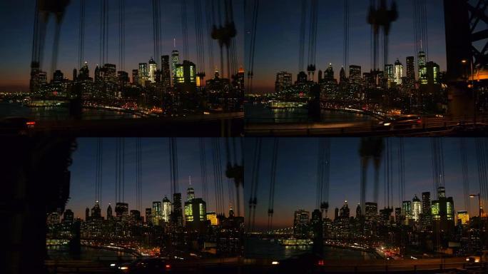 特写: 穿越曼哈顿大桥，俯瞰布鲁克林大桥和纽约市中心