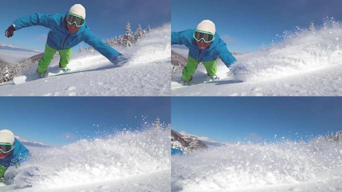 慢动作特写: 微笑的滑雪者在新鲜的粉末雪中进行手拖动