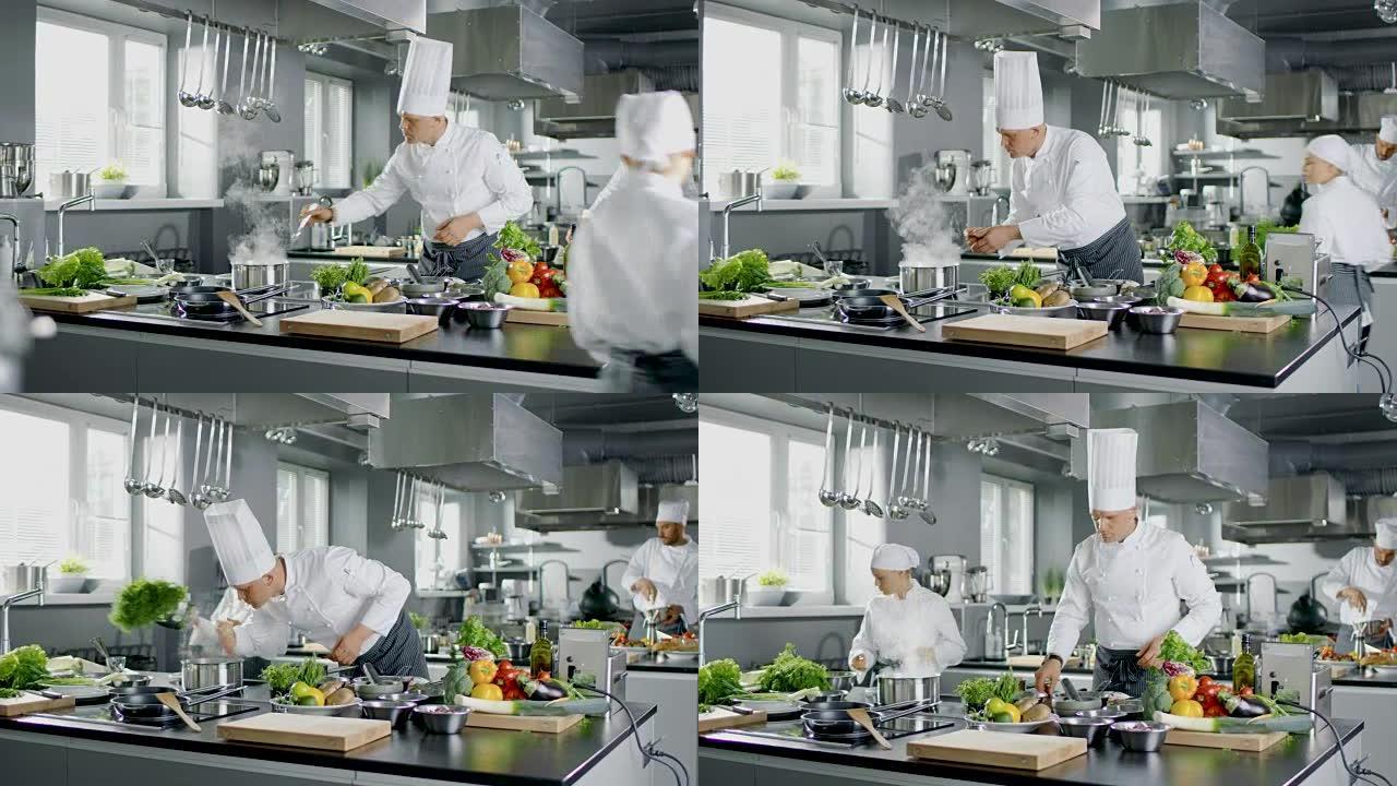 著名厨师和他的学徒一起在一家大餐厅厨房工作。厨房里到处都是食物、蔬菜和煮沸的盘子。