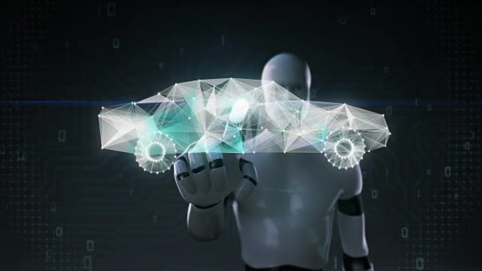 机器人，机器人触摸屏，数字线创造电子汽车造型，数字概念。智能未来汽车。
