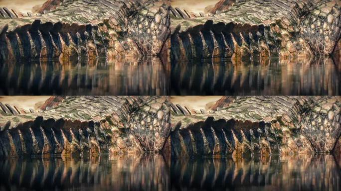 鳄鱼尾巴在水中反射特写
