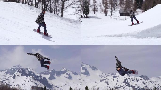 高清：滑雪板运动员抓地动作的超级慢镜头