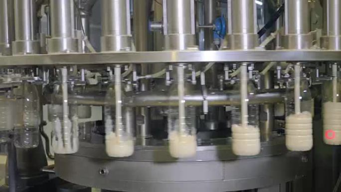 牛奶生产厂的工业设备上的牛奶倒入瓶子中