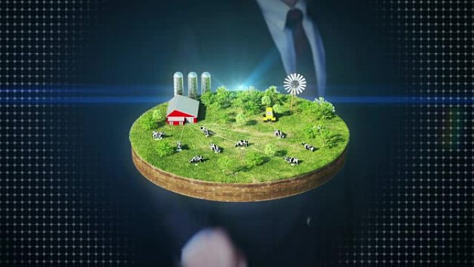 商人触摸智能农业，智能农场，传感器连接地面奶牛农场。物联网。4工业Revolution.1。