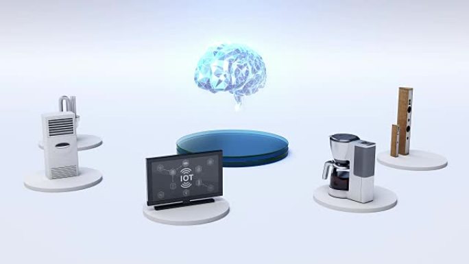 数字大脑连接显示器，微波炉，灯泡，洗衣机，空调，音频，咖啡壶，智能家电，物联网。