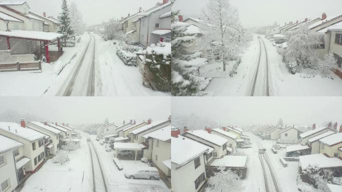 空中: 雪灾中的冬季郊区