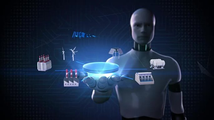 机器人，机器人开手掌，智能工厂，太阳能电池板，风力发电机，水力发电连接物联网，人工智能。