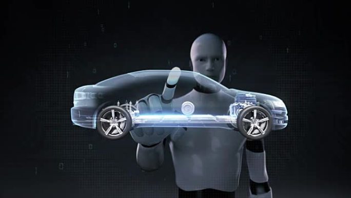 机器人，机器人触摸电子，离子电池混合动力汽车。给汽车电池充电。电池电量检查，未来汽车1。