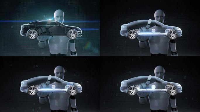 机器人，机器人触摸电子，离子电池混合动力汽车。给汽车电池充电。电池电量检查，未来汽车1。