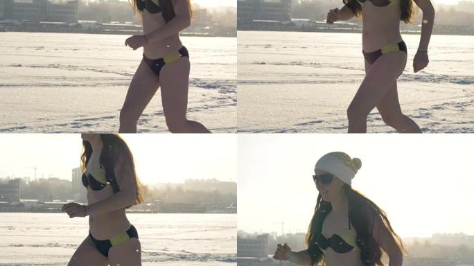 一个穿着泳衣的女人在降雪下奔跑。
