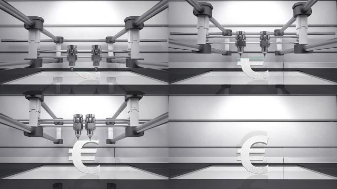 3D打印机制作欧元货币灰色货币标志，3D扫描仪