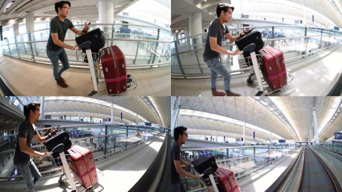 男子乘坐行李车并在机场办理登机手续