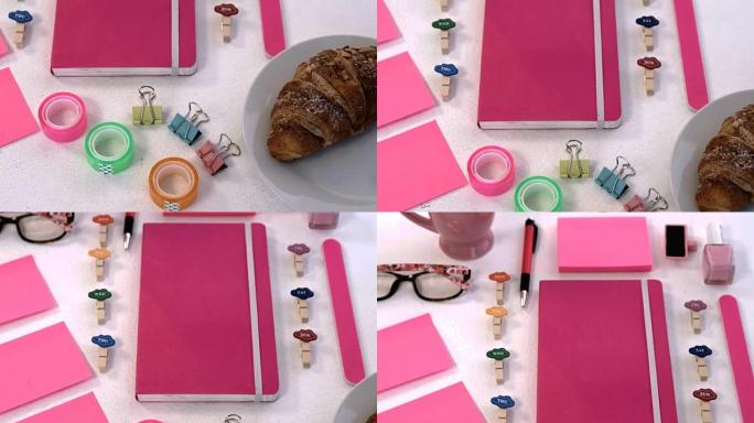 粉色饰品，牛角面包和文具在白色背景4k