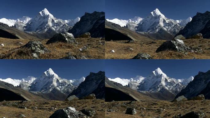 尼泊尔萨加玛塔国家公园的Ama Dablam山的起重机拍摄。4K, UHD