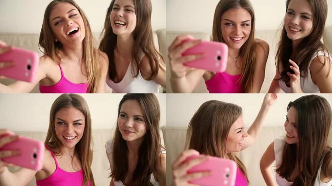 两个快乐的女友在自拍照上做傻脸