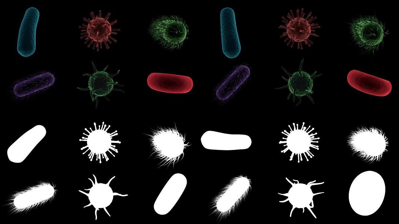 数字生成的病毒细胞，红细胞和细菌在黑色背景