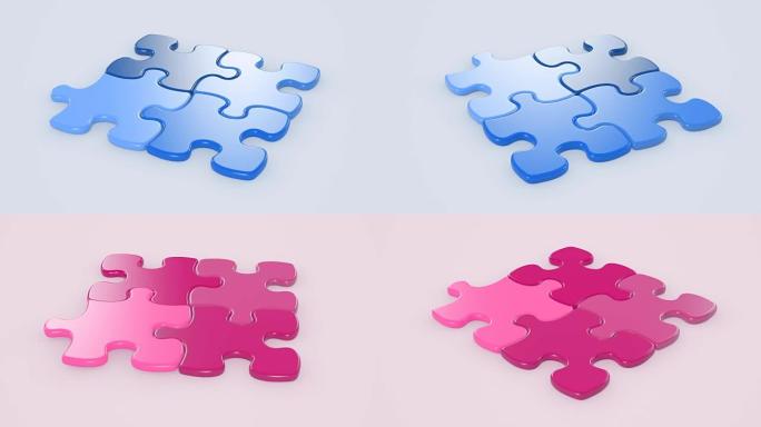 美丽的下降拼图碎片蓝色和粉红色的桌子上的3d动画。性别概念。绿屏阿尔法面具。