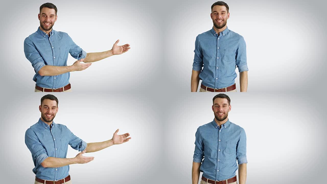 一个休闲男子做展示/广告手势的中间镜头。以白色背景拍摄。