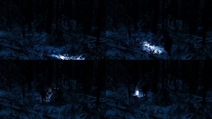 晚上在白雪皑皑的森林里带着火炬的人