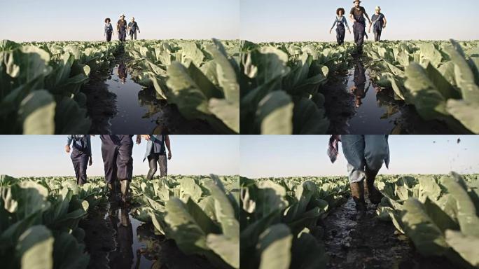 年轻的农民在泥泞中行走