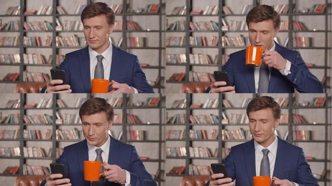 使用智能手机应用程序和在办公室微笑着喝咖啡的成功有吸引力的商人的慢动作肖像。商人系列。