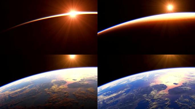 地球上空的日出。从太空可以看到地球的惊人景色。