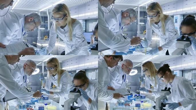 医学研究科学家团队致力于新一代疾病治疗。他们使用显微镜，试管，微量移液器并写下分析结果。实验室看起来
