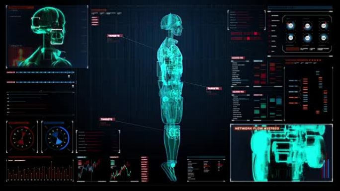 旋转半透明3D机器人主体，数字接口x射线扫描。