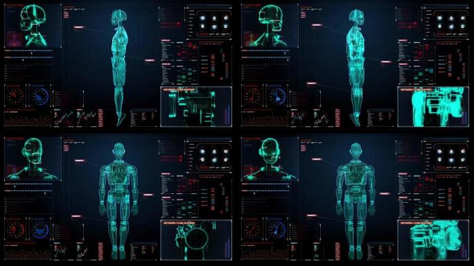 旋转半透明3D机器人主体，数字接口x射线扫描。