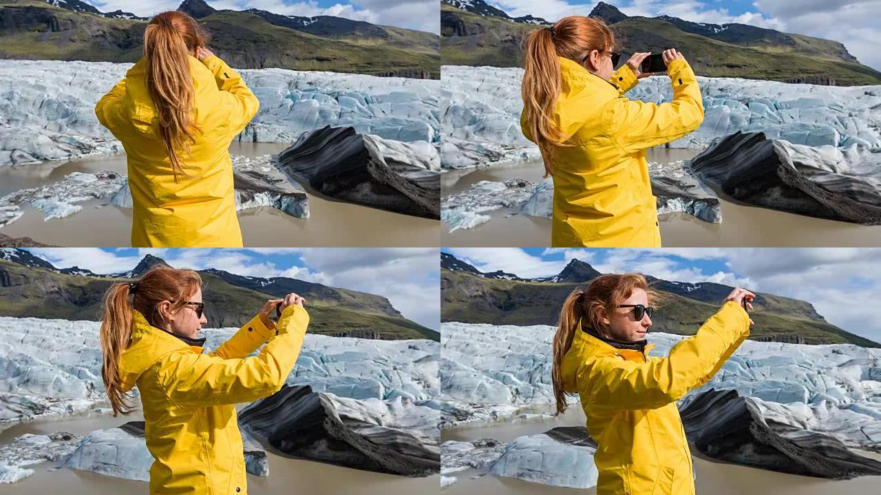 拍摄冰川全景照片的女人