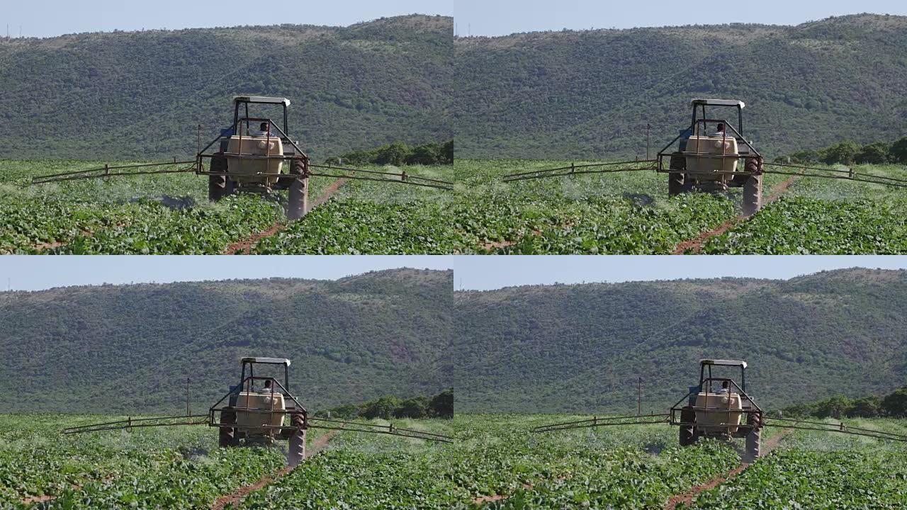 拖拉机用杀虫剂喷洒蔬菜