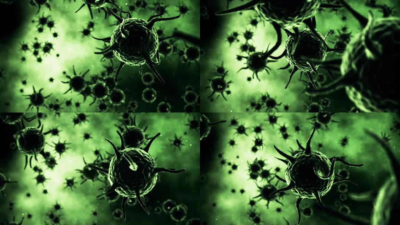 数字生成的病毒细胞在绿色背景下流动