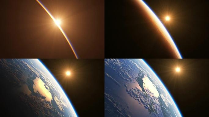 地球上逼真的日出。4k. 3d动画。