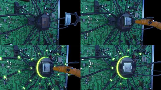 机械臂将处理器安装到带有绿色信号的电路板上。带有CPU和信号弹的主板3d动画。技术和数字概念。