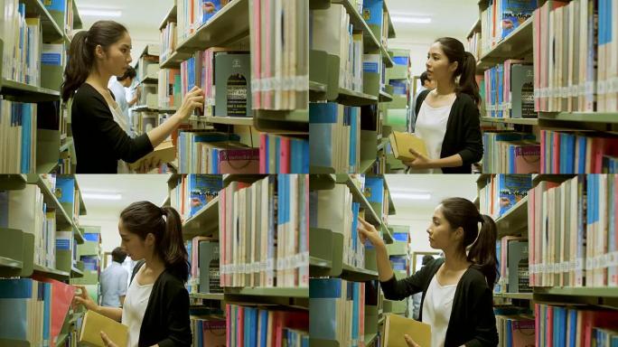 女大学生正在书架上找书