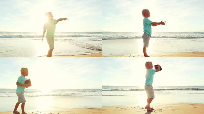 日落时在海滩踢足球的小男孩。
