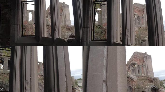 FPV: 透过窗户看城市卫理公会教堂倒塌的庇护所