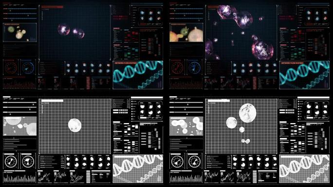 细胞分裂3D动画，生物学。基因工程，数字仪表板显示。
