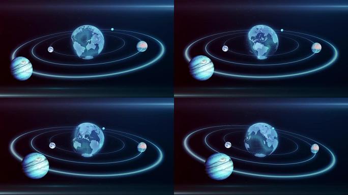地球，月亮，木星在太空中沿椭圆移动的全息图