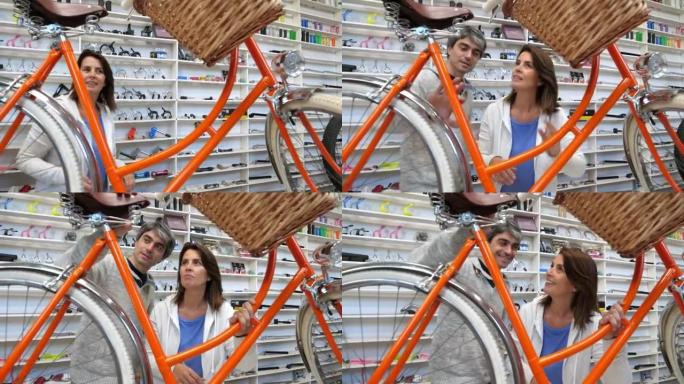 夫妇在一家自行车商店看自行车，对一辆老式自行车感兴趣，自行车上有一个篮子，灯既微笑又说话