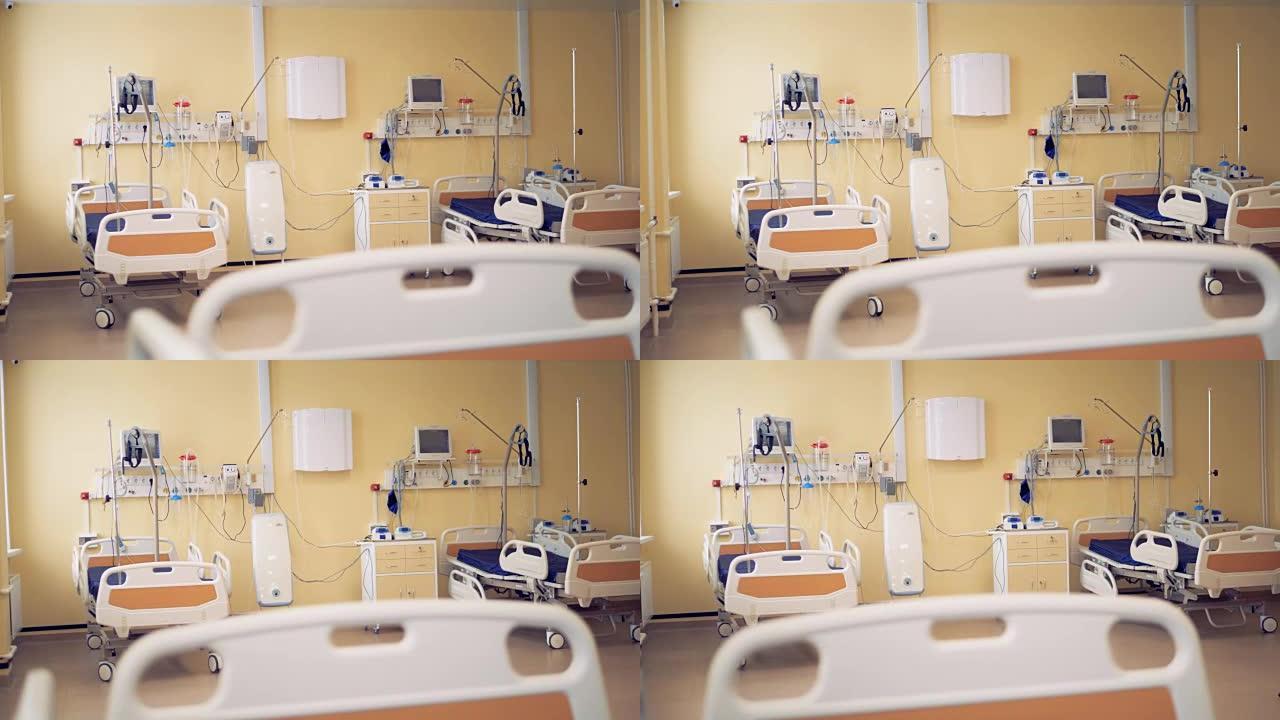 设备齐全的医院病房，配有一张单人床。广角。