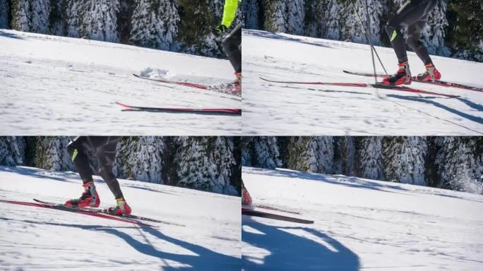 越野滑雪者滑板滑雪上坡，热身