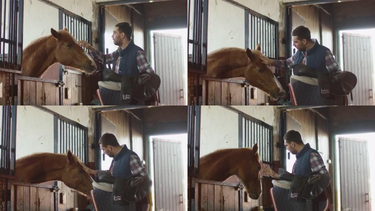 人拿着马鞍在马stable里抚摸着一匹马。