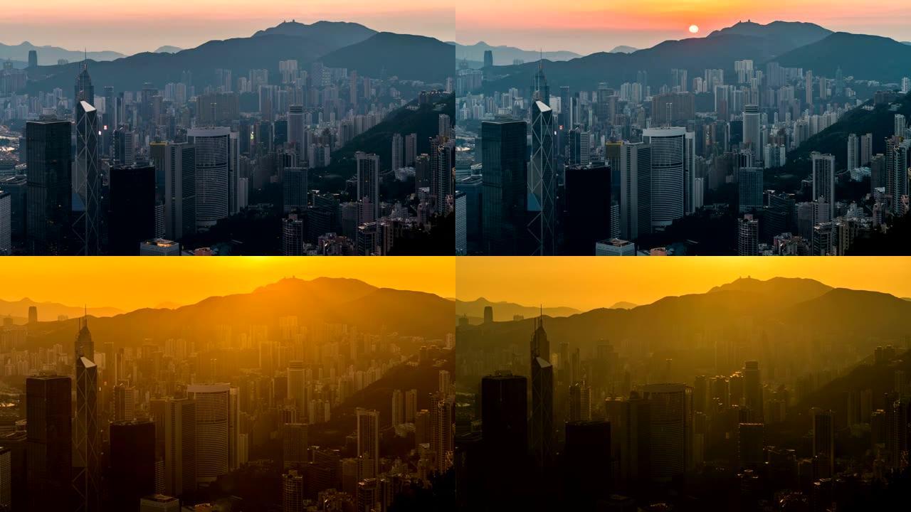 从太平山拍摄的香港城市上空的延时日出