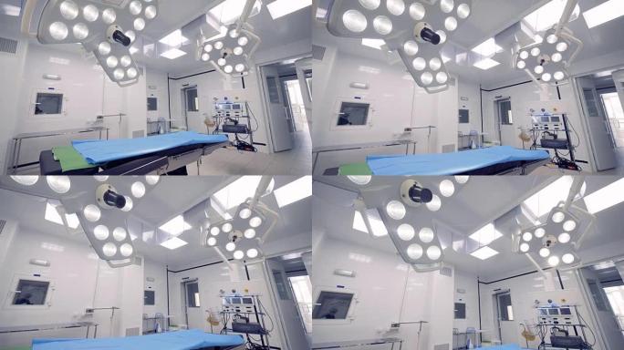 带有两个手术灯的医院手术室的广角视图