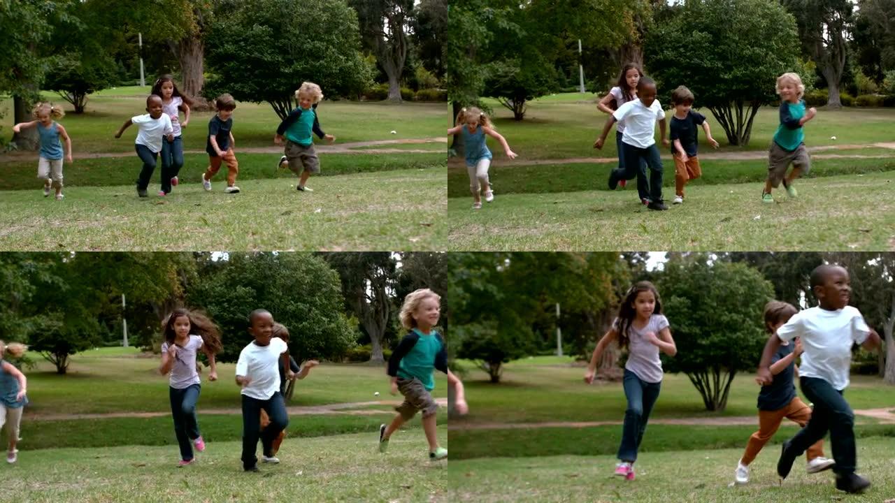 快乐的孩子们在公园跑步